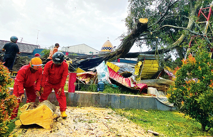BERBAHAYA: Personel BPBD serta tim gabungan melakukan pembersihan pohon beringin di Alun-Alun Kota Blitar yang tumbang akibat hujan dan angin kencang, minggu (7/1).