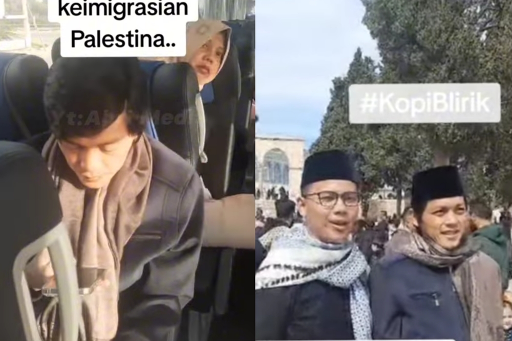 Gus Iqdam saat berada di bus saat akan memasuki wilayah Palestina (kiri) sesampainya Gus Iqdam di Masjidil Aqsha Palestina (kanan)