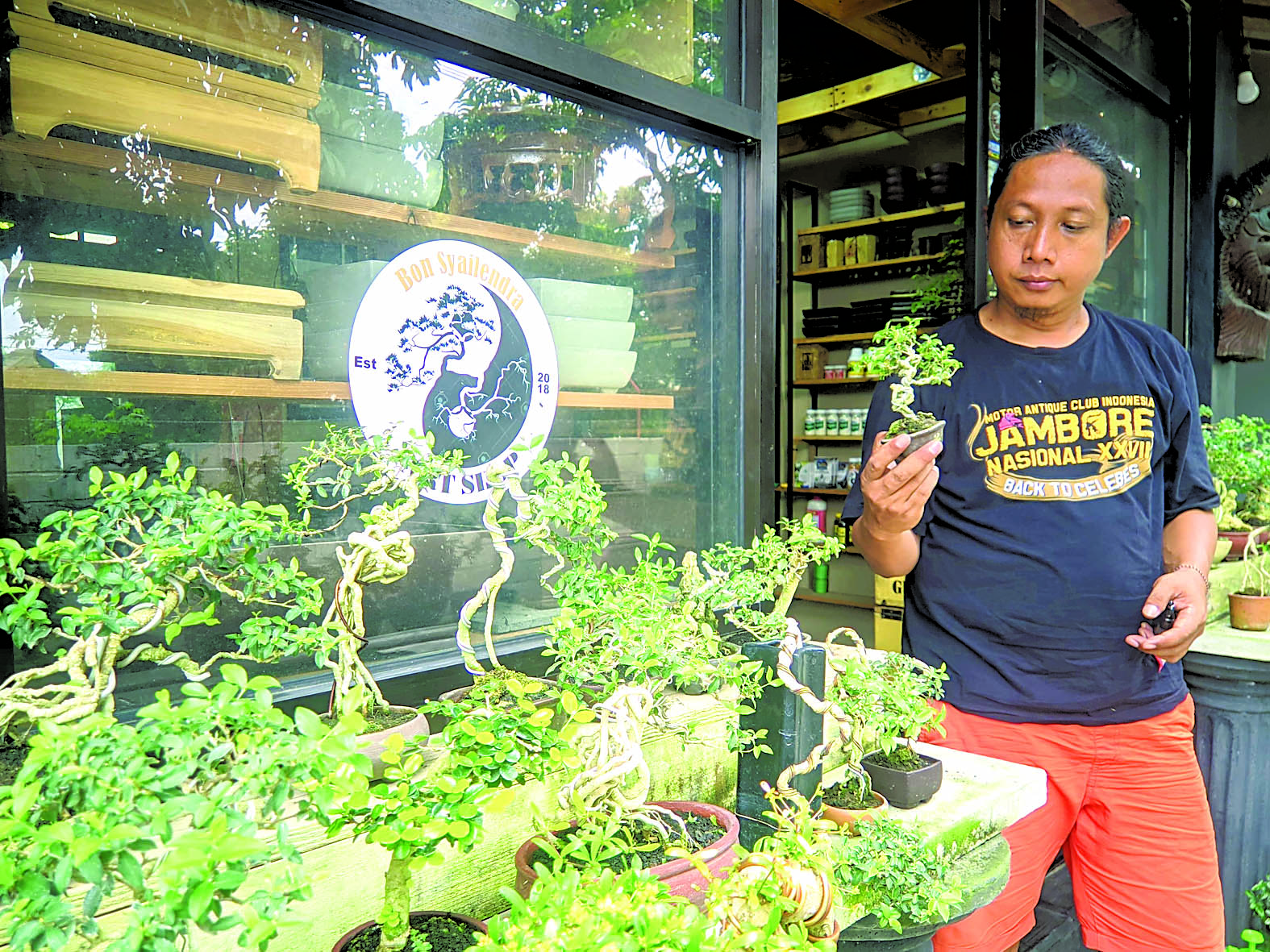 LADANG CUAN: Rudi Syailendra Widodo membudidayakan sejumlah jenis tanaman bonsai di galerinya