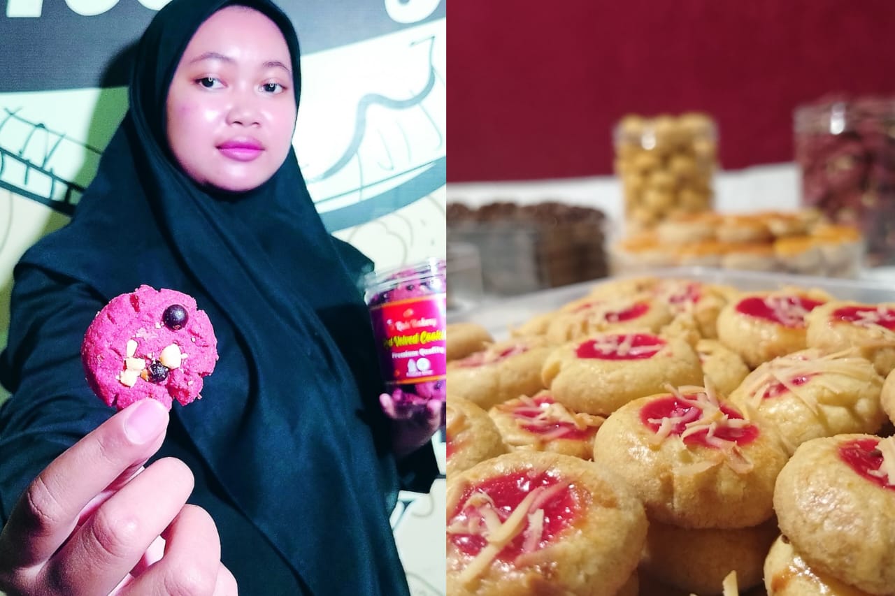 MANIS PAHIT: Putri Khoirul Hidayati menunjukkan kue kering buatannya, kemarin (12/3).