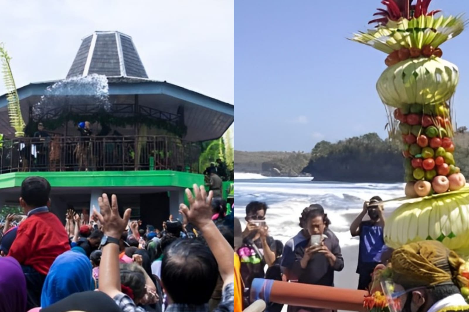 Tradisi gong kiai pradah (kiri) larung sesaji (kanan)