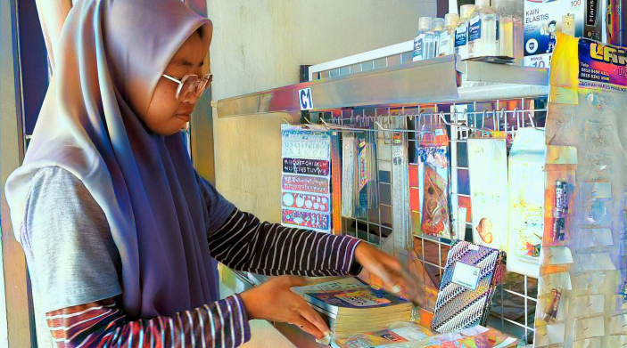 TUMBUH: Seorang pegawai BUMDes Ngoran, Kecamatan Nglegok, sedang menata barang dagangan.