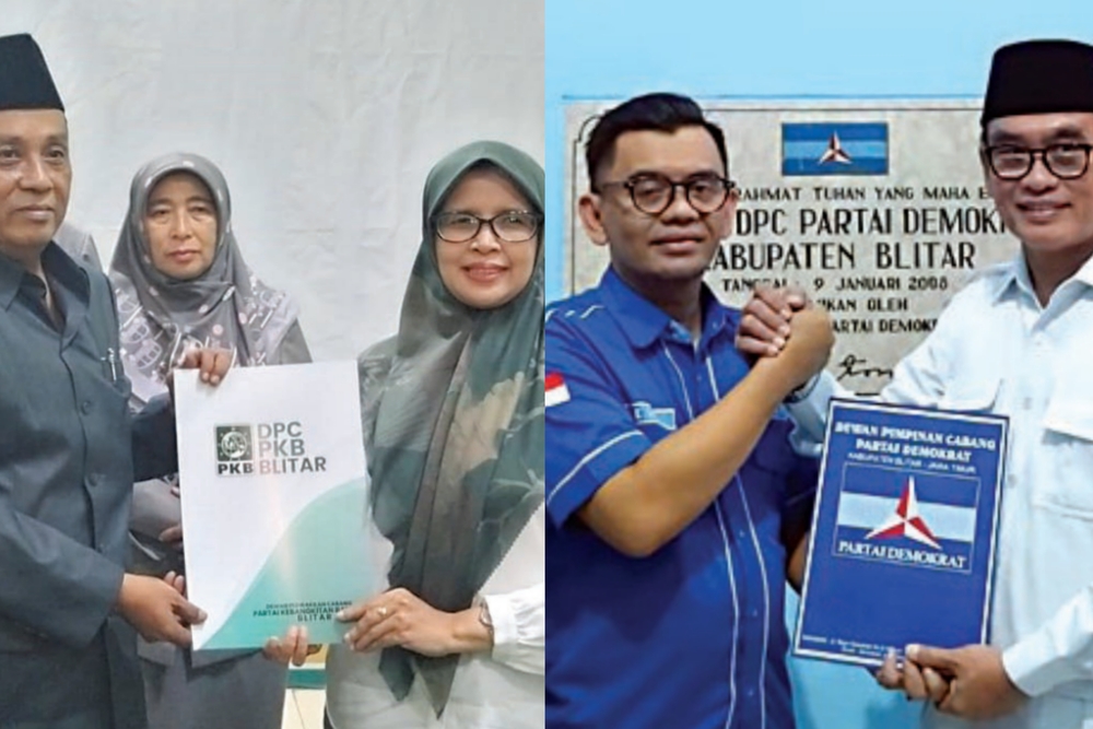 SIAP BERTARUNG: Mak Rini mengambil formulir penjaringan di DPC PKB Kabupaten Blitar. Tjutjuk Sunario mengembalikan formulir penjaringan di DPC Partai Demokrat Kabupaten