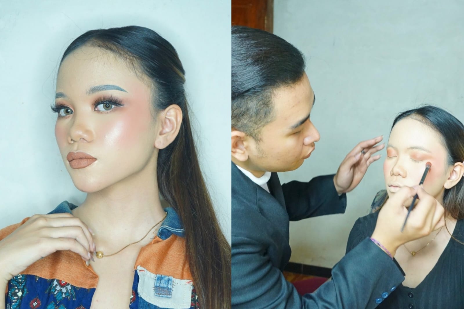 TELATEN: Andik menunjukkan keterampilannya dalam mempercantik wajah seorang model.