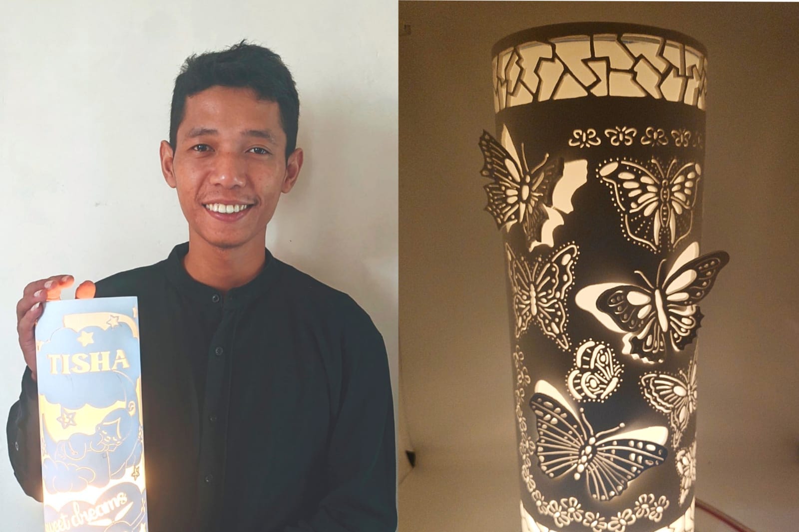 KREATIF: Bayhaqi menunjukan salah satu lampu malam dari paralon hasil buatannya.