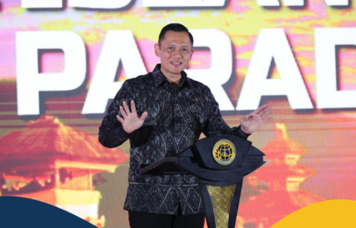 Menteri ATR/Kepala BPN, Agus Harimurti Yudhoyono saat menyampaikan capaian pelaksanaan Reforma Agraria selama 10 tahun terakhir di The Meru Sanur, Bali pada Sabtu (15/06/2024).