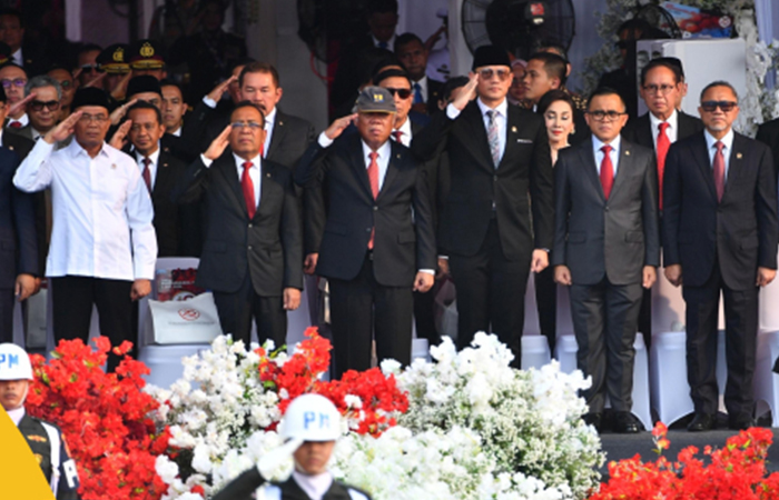 Menteri Agraria dan Tata Ruang/Kepala Badan Pertanahan Nasional (ATR/BPN) Agus Harimurti Yudhoyono (AHY) menghadiri Upacara dan Syukuran Hari Bhayangkara ke-78 di Lapangan Silang Monas.