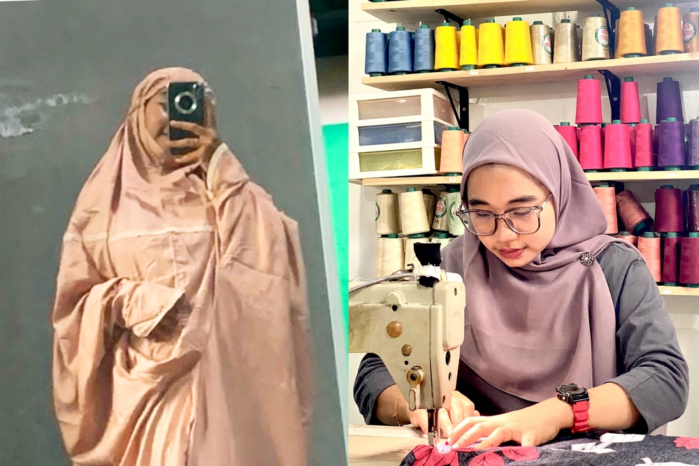 NYAMAN: Qonita menunjukkan mukena bikinannya menggunakan kain yang adem dan tidak kaku.