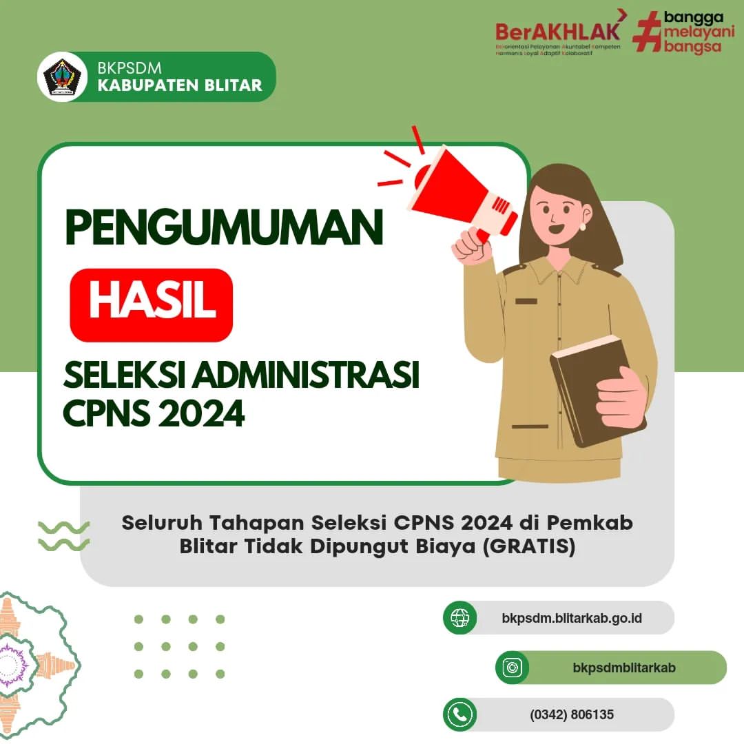 Badan Kepegawaian dan Pengembangan Sumber Daya Manusia (BKPSDM) Kabupaten Blitar mengumumkan hasil seleksi administrasi Calon Pegawai Negeri Sipil (CPNS) 2024