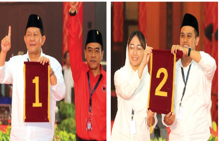 KONTESTASI: Pasangan Bambang-Bayu nomor urut 1 dan Ibin-Elim nomor urut 2 dalam pengundian nomor urut paslon Pilwali Kota Blitar, Senin (23/9/2024).