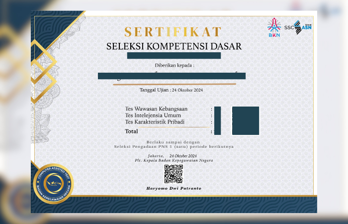 Penampakan sertifikat SKD CPNS 2024. Ada scan barcode untuk verifikasi ke aplikasi.