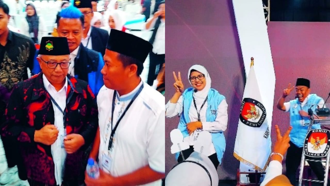 BERGEGAS: Rijanto dan Beky Herdihansah bersama rombongan meninggalkan area debat. Rini Syarifah dan Abdul Ghoni menyapa pendukung usai debat dihentikan.
