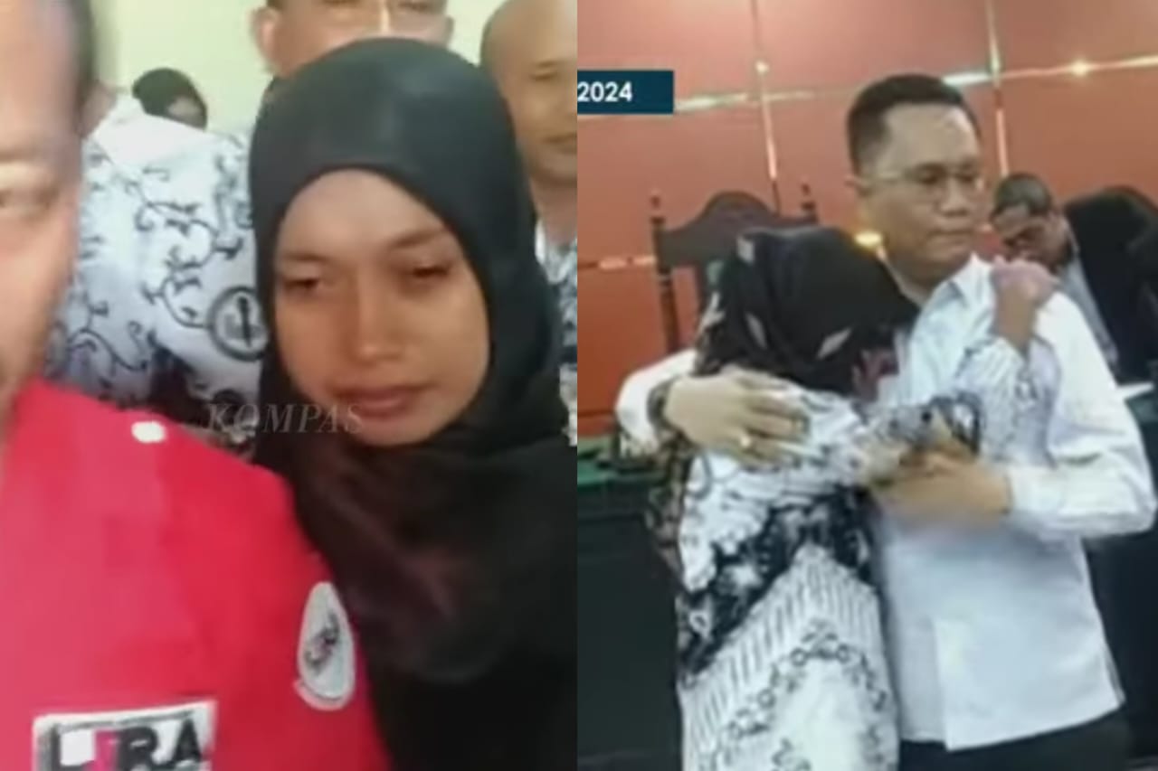 Momen guru honorer Supriyani menangis saat setelah di Kecamatan Baito, Kabupaten Konsel, Provinsi Sulawesi Tenggara
