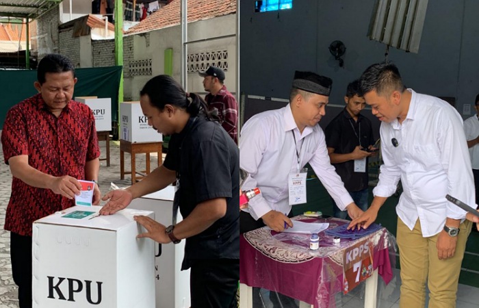 Kanan, Bambang Rianto saat memasukkan surat suara ke dalam kotak, dan kiri Syauqul Muhibbin saat mencelupkan jarinya ke dalam tinta.