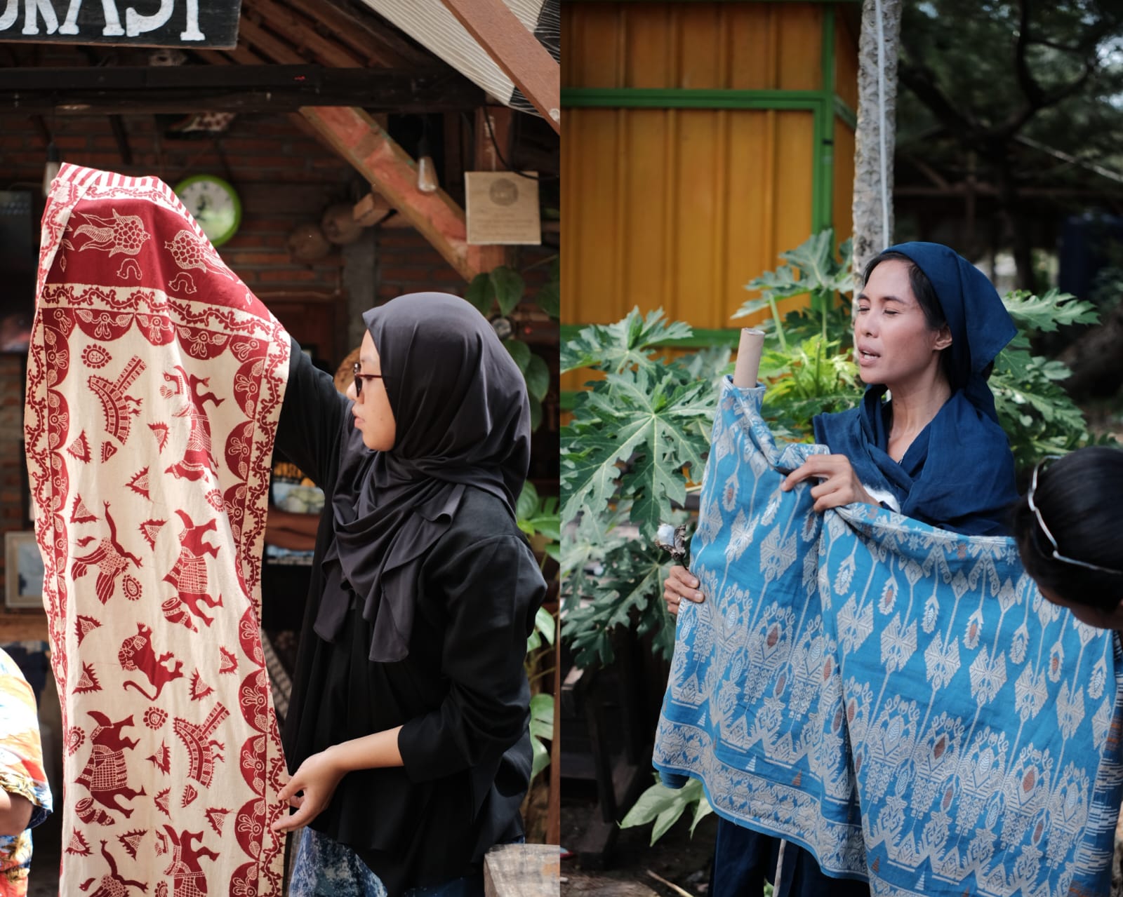 Arini Kumalasari (kiri) menjelaskan mengenai batik afkomstig uit Blitar, Dina Faisal (kanan) menjelaskan mengenai tenun Lombok.