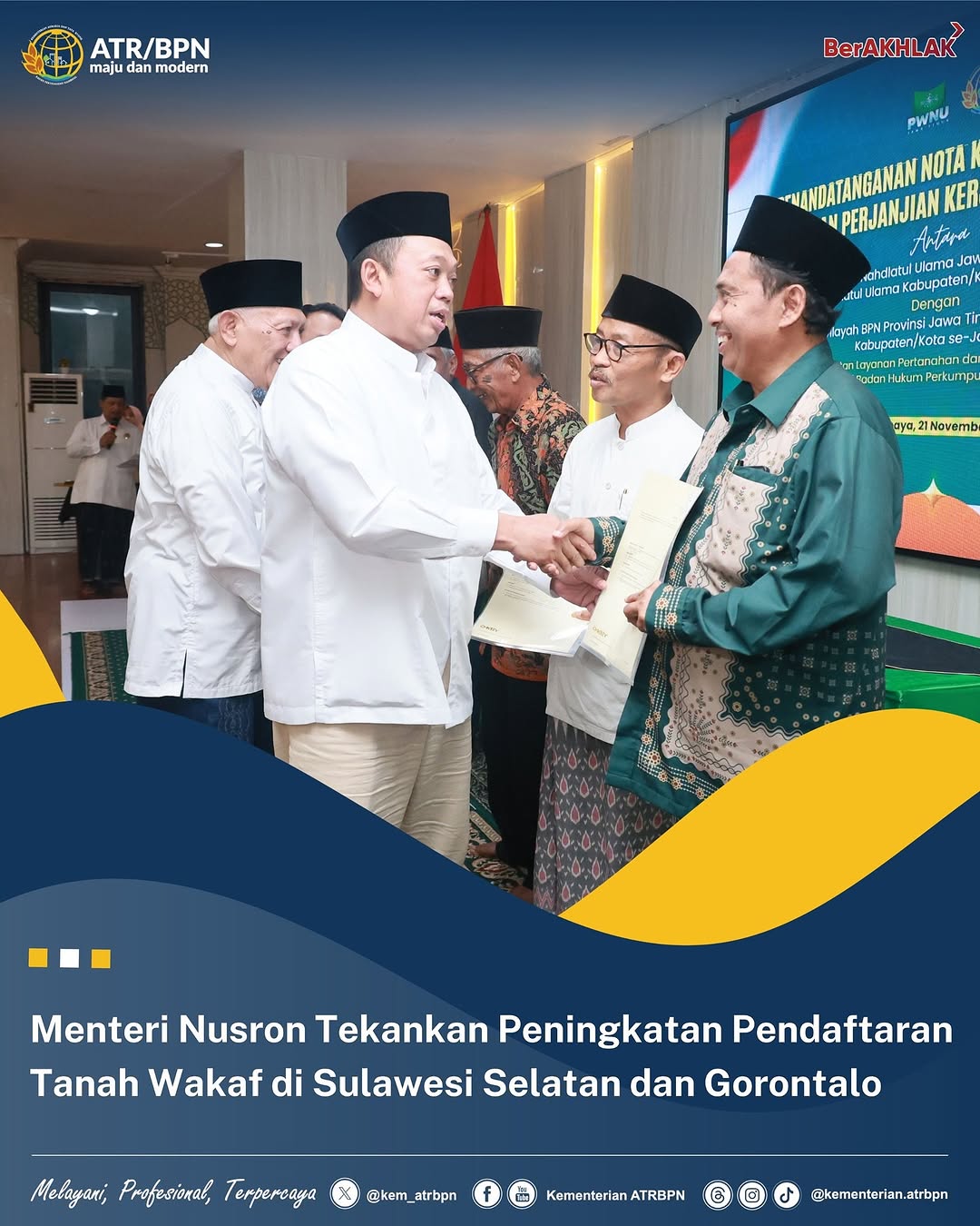 Memasuki hari ke-74 menjabat sebagai Menteri Agraria dan Tata Ruang/Kepala Badan Pertanahan Nasional (ATR/BPN), Nusron Wahid menegaskan pentingnya percepatan pendaftaran tanah wakaf di Indonesia.