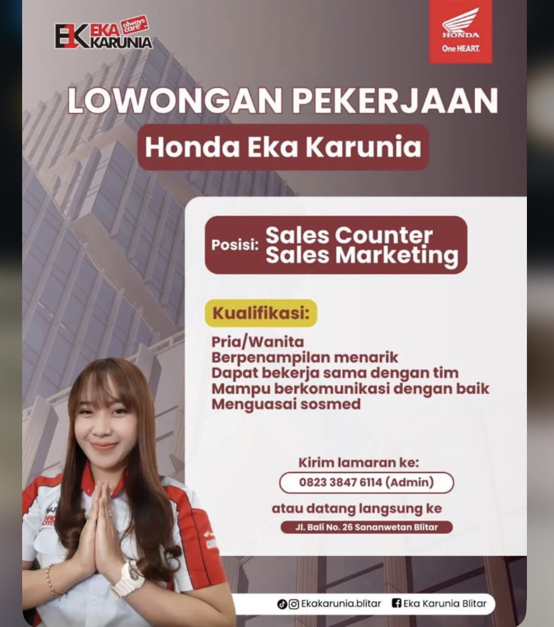 Honda Eka Karunia Blitar buka lowongan Sales Counter & Sales Marketing.