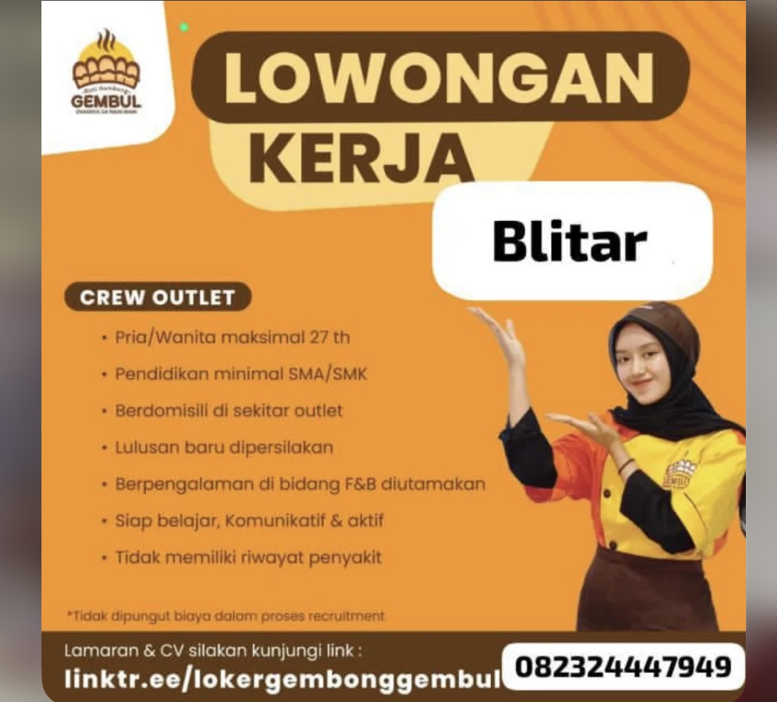 Outlet Gembul Blitar buka lowongan Crew Outlet untuk lulusan SMA/SMK.