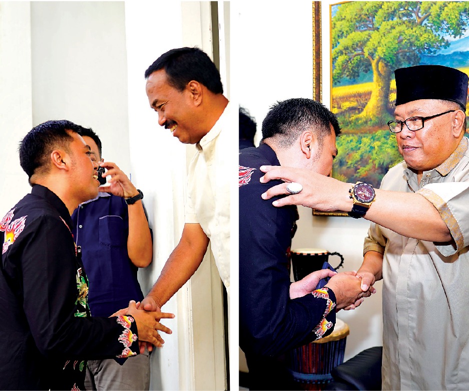MINTA SARAN: Wali Kota Blitar, Mas Ibin bersilaturahmi ke dua tokoh senior yang pernah menjabat wali kota Blitar, M Samanhudi Anwar (kiri) dan Santoso, Selasa (8/4/2025).