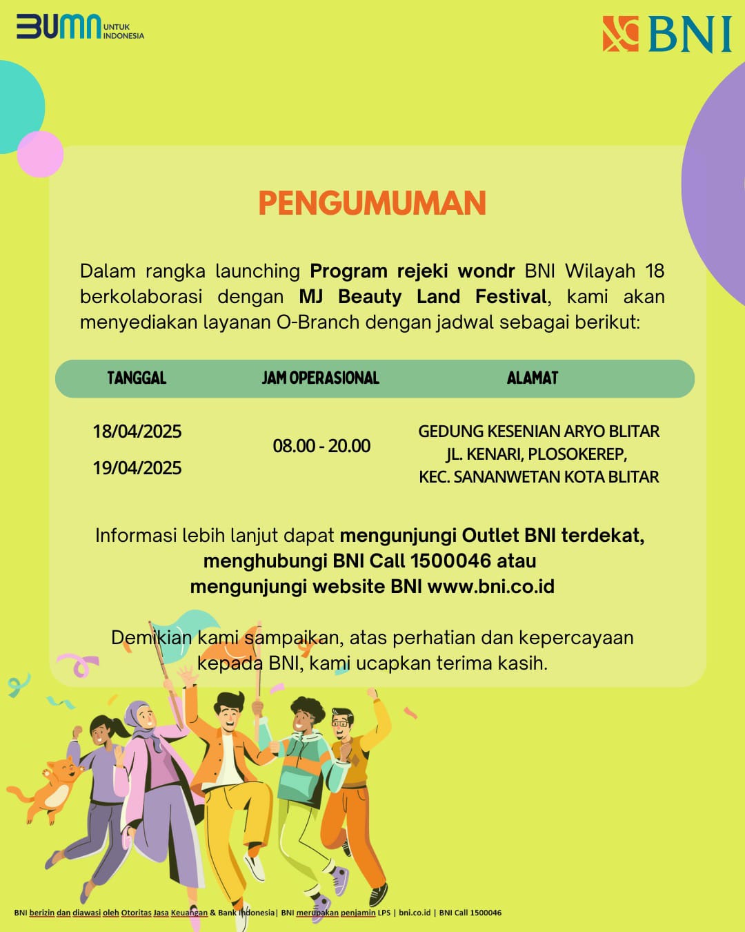 Pengumaman launching Program rejeki wondr BNI Wilayah 18 berkolaborasi dengan MJ Beauty Land Festival.