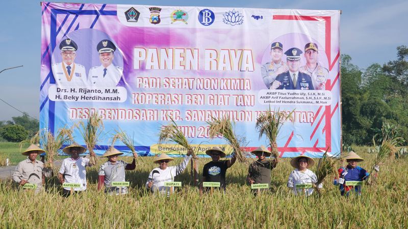 STOK PANGAN: Bupati Blitar Rijanto bersama Forkopimda Kabupaten Blitar mempelihatkan hasil panen raya padi di Desa Bendosari, Sanankulon.