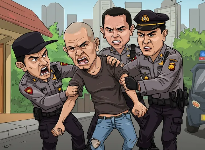 Ilustrasi Polisi Menangkap Preman/AI