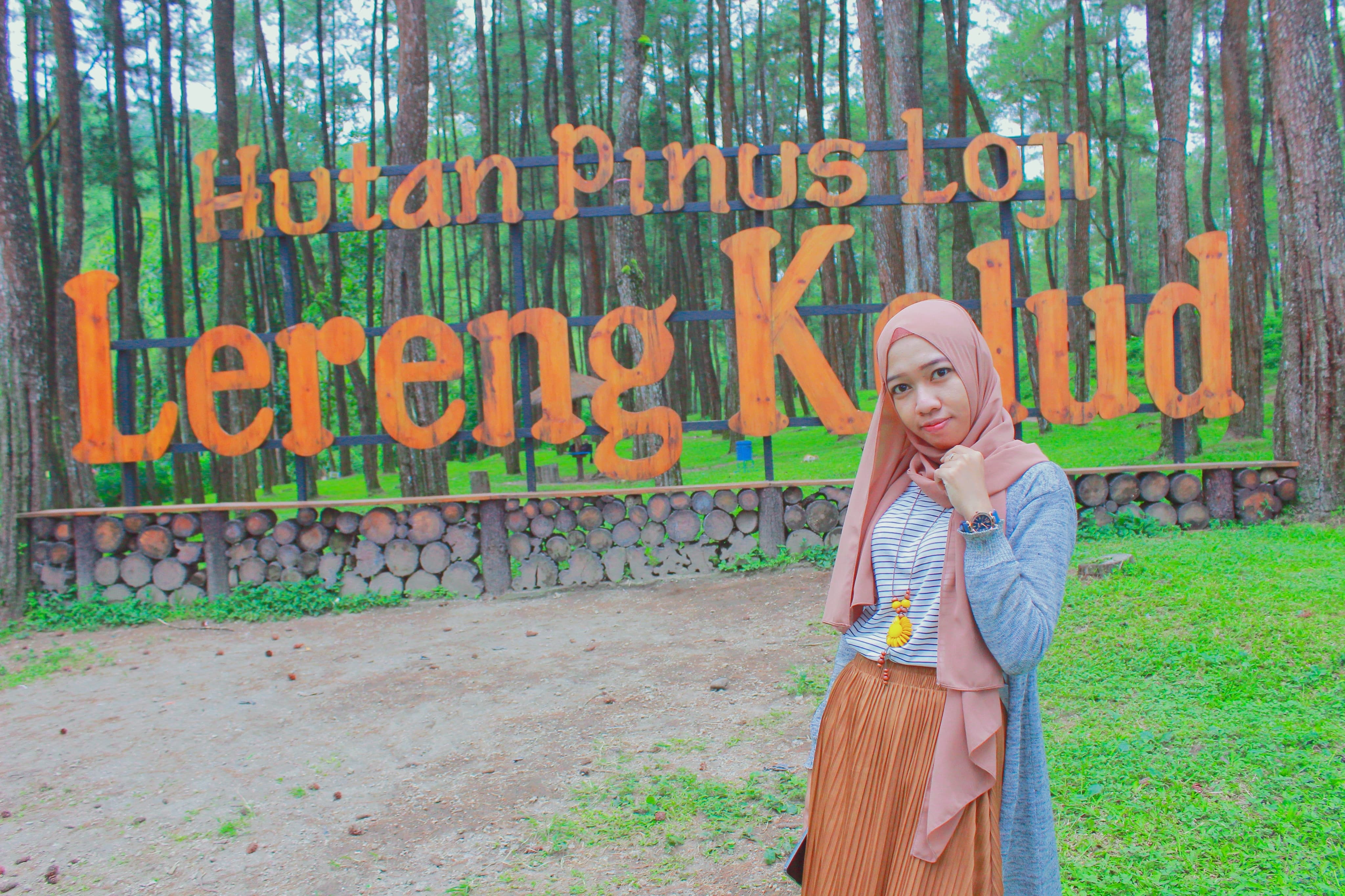 ALAMI: Pengunjung berfoto di depan tulisan Hutan Pinus Loji.