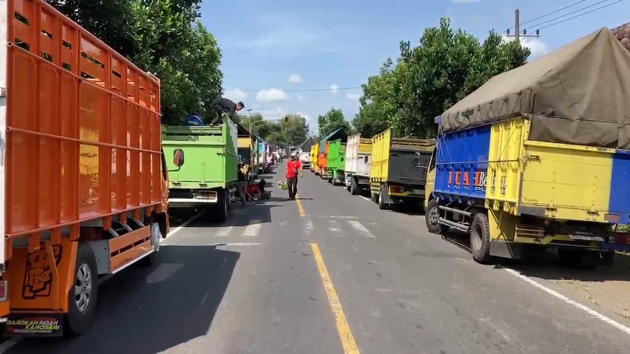 BLOKADE: Ratusan truk terparkir di Jalan Raya Desa Pohgajih, Kecamatan Selorejo, menolak kebijakan operasi ODOL, Kamis (19/6/2025).