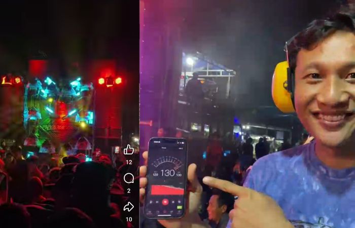 Reffa saat mengukur kekuatan tekanan suara di acara sound horeg Selopuro menggunakan aplikasi ponsel