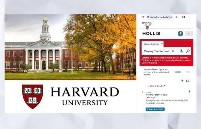 Buku Wayang Potehi of Java juga terpampang di rak Perpustakaan Universitas Harvard