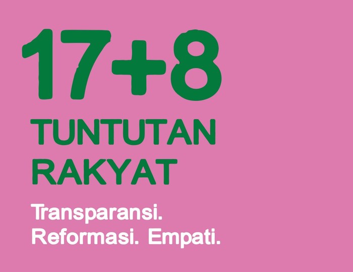 Poster 17+8 yang mendeskripsikan tuntutan rakyat dalam kurun waktu satu minggu dan satu tahun