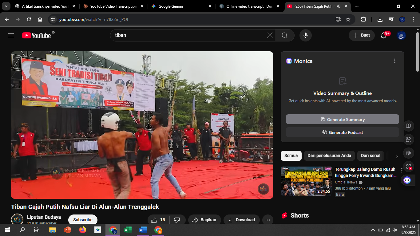Proses pelaksanaan Tiban yang dilakukan dengan aksi saling pecut antarpemain.