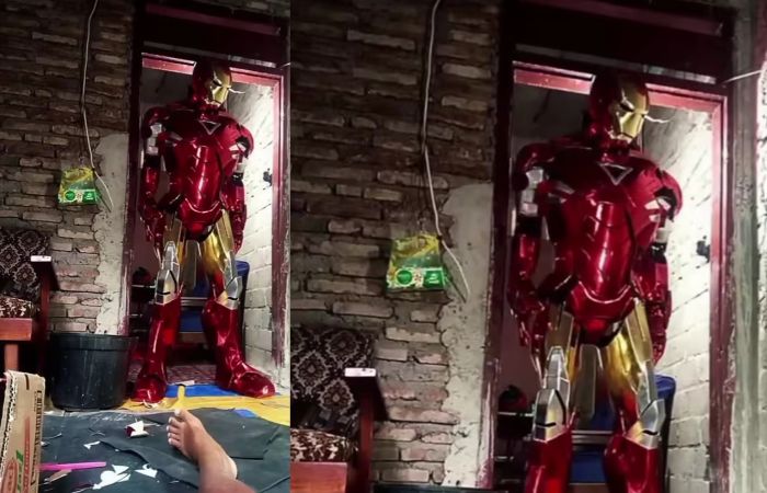 Kostum Ironman berbahan sederhana karya Eko Purnomo yang sempat heboh dikira patung koleksi Ahmad Sahroni.