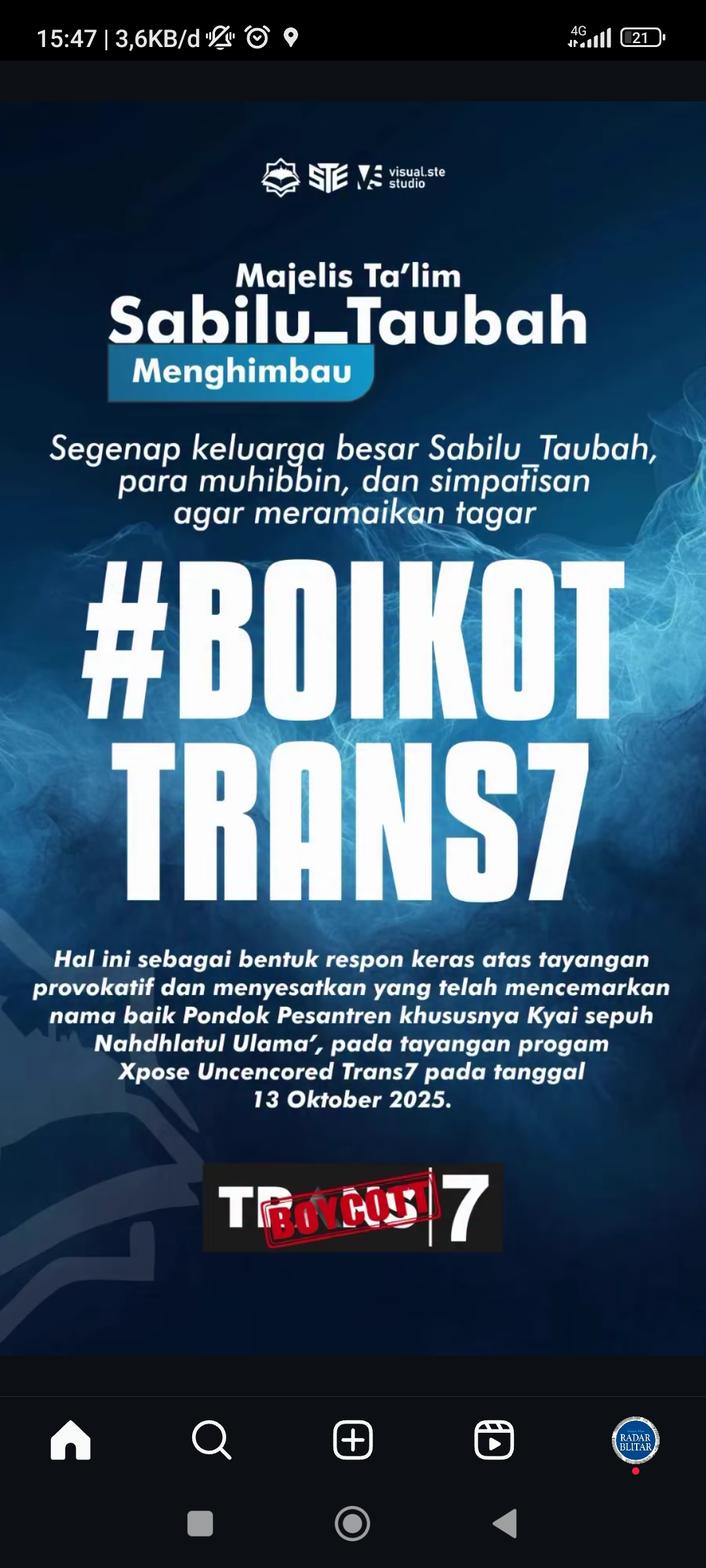 Tangkapan layar unggahan boikot Trans7 di akun resmi sabilu taubah