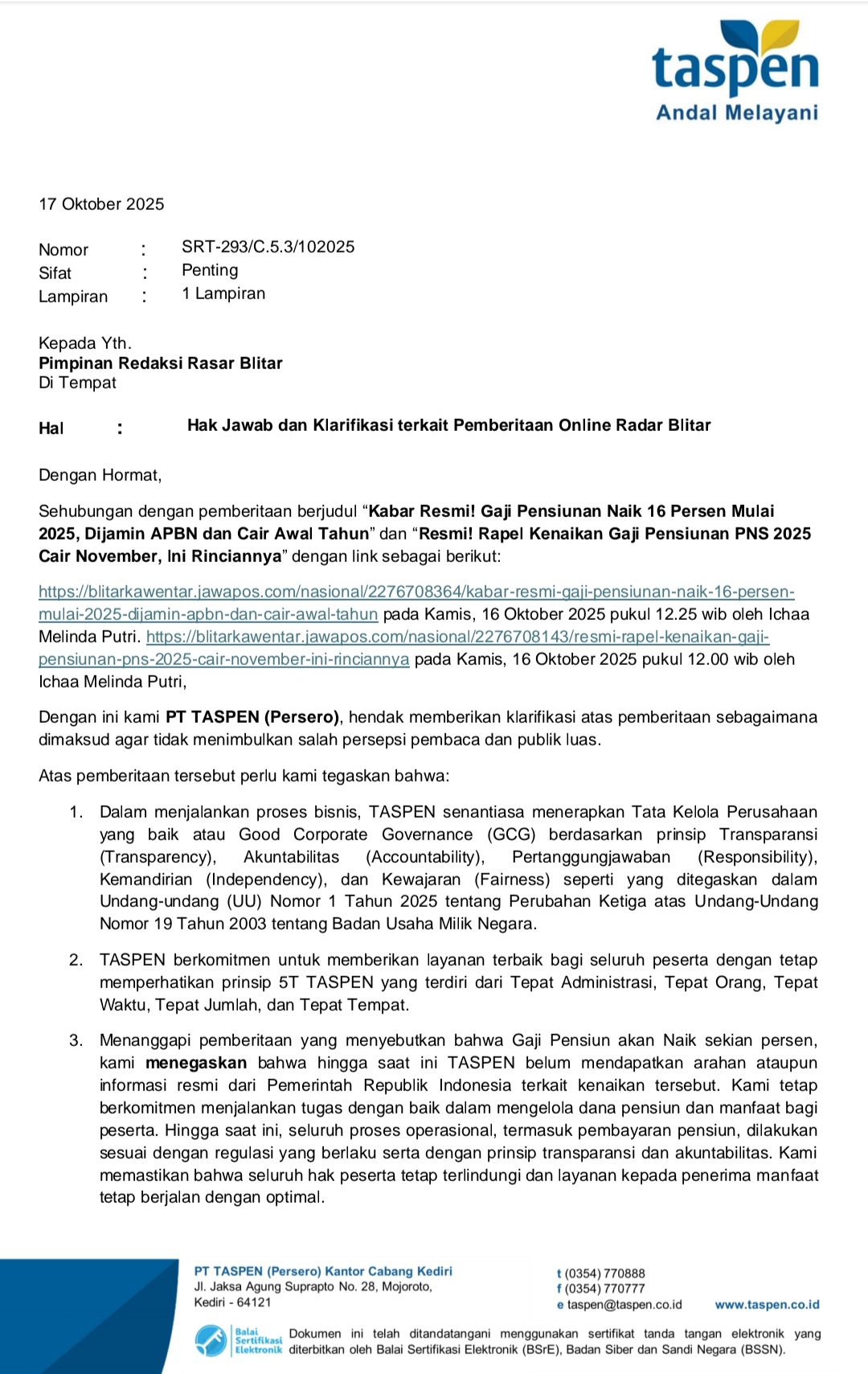 Surat hak jawab PT Taspen