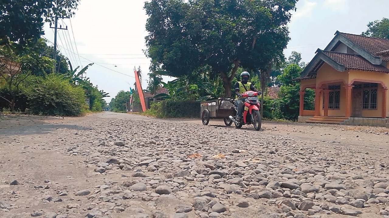 &lrm;MENGELUPAS: Kondisi aspal di jalan penghubung Desa Gandekan-Wonodadi yang mengalami kerusakan.