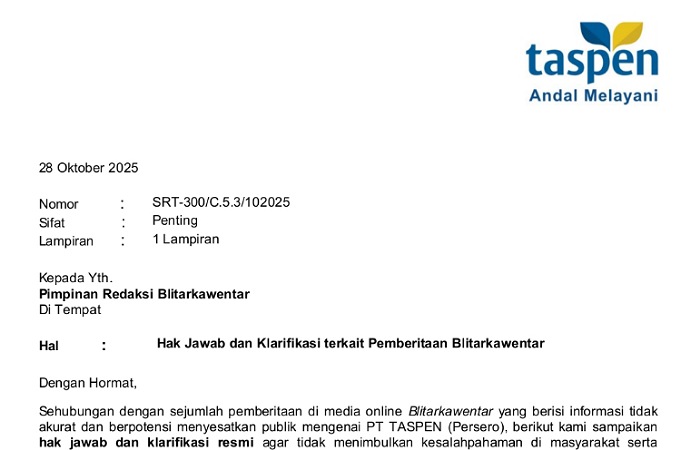 Surat dari Taspen Kediri tentang klarifikasi berita kenaikan gaji pensiun 2025.