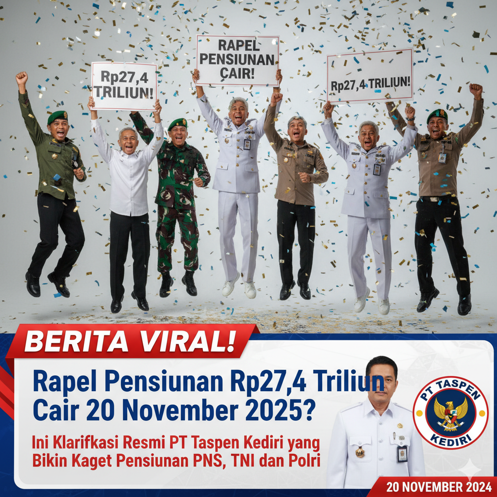 PT Taspen Kediri klarifikasi info viral rapel pensiunan Rp27,4 triliun cair 20 November 2025.