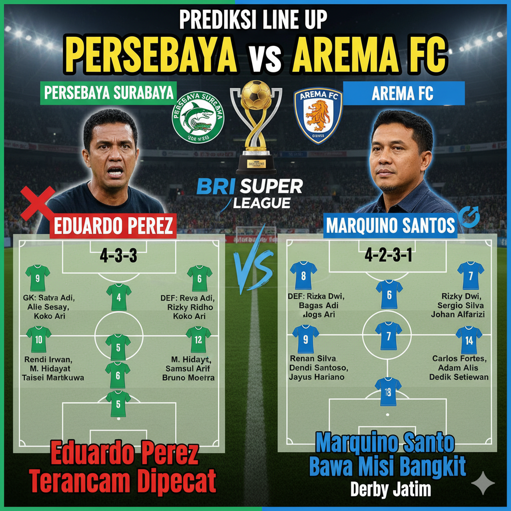 Prediksi line up Persebaya vs Arema FC di BRI Super League pekan 13.