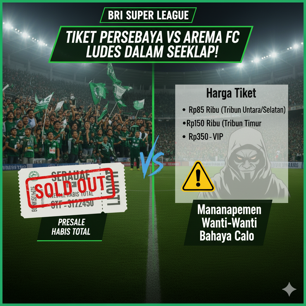 Tiket Persebaya vs Arema FC ludes! Harga Rp85rb-Rp350rb, hanya dijual di platform resmi.