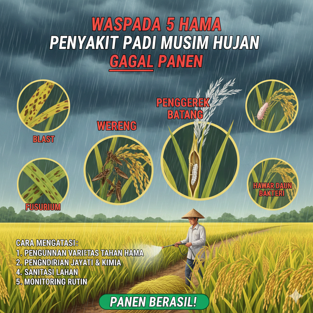 5 hama penyakit padi musim hujan paling berbahaya: wereng, penggerek batang, tikus, hawar daun, dan blas.