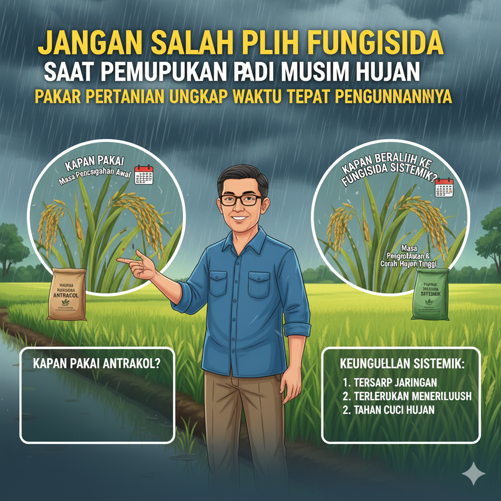Kapan pakai Antrakol, kapan pakai fungisida sistemik? Panduan lengkap fungisida padi musim hujan agar panen maksimal.