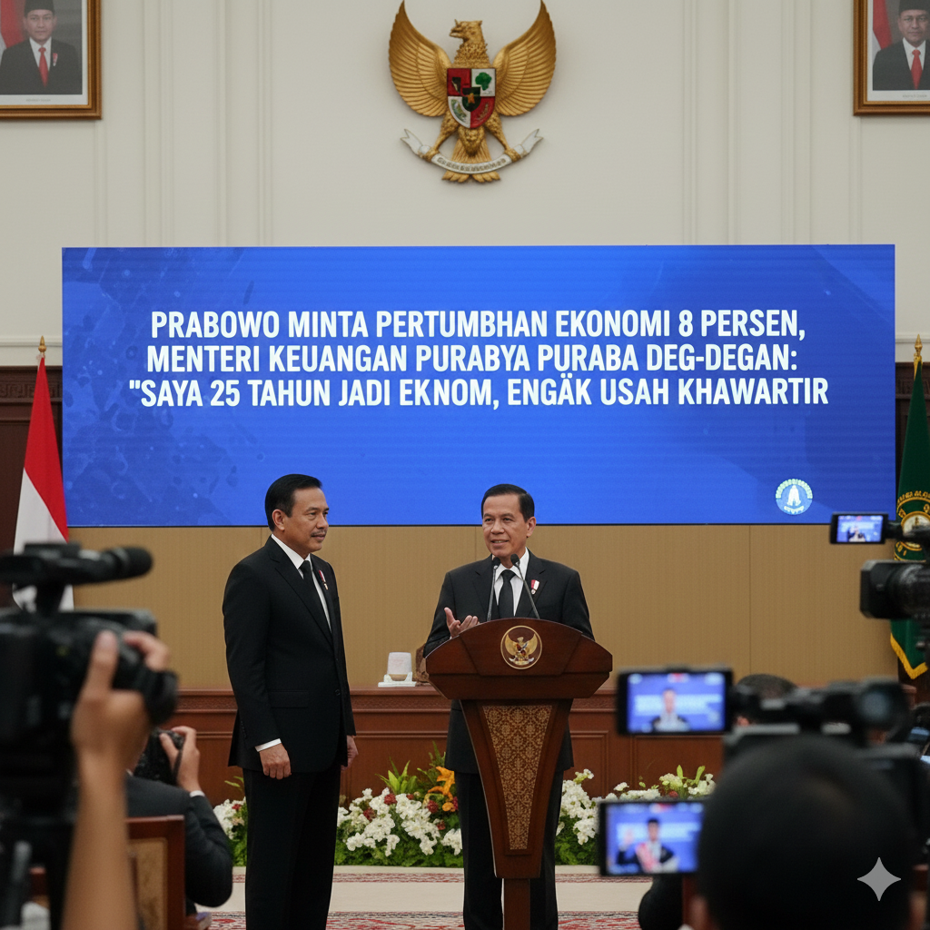 Prabowo minta pertumbuhan ekonomi 8 persen, Menteri Keuangan Purbaya deg-degan tapi optimis.