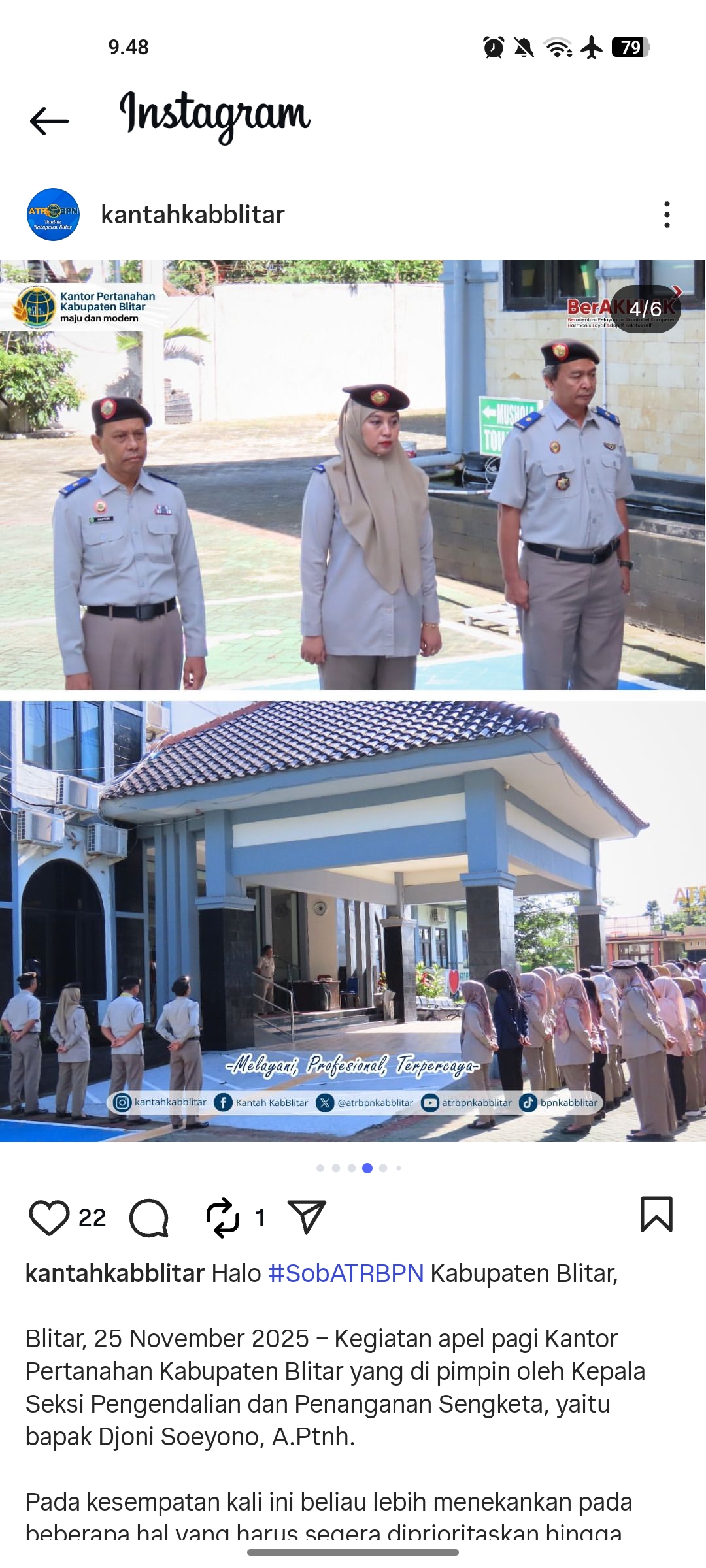 Kegiatan apel pagi di kantor pertanahan kabupaten Blitar
