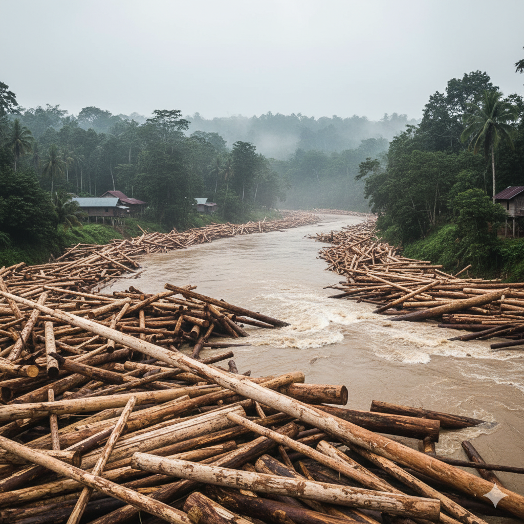 Ribuan kayu gelondongan tanpa kulit hanyut banjir Sumatera.
