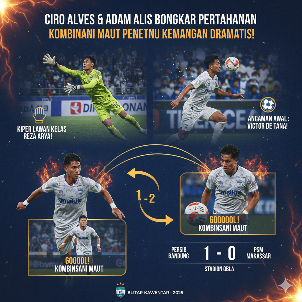 Gol kombinasi maut Ciro Alves dan Adam Alis pecah kebuntuan Persib di GBLA! Kiper Reza Arya tampil gemilang namun gagal menahan aksi duo.