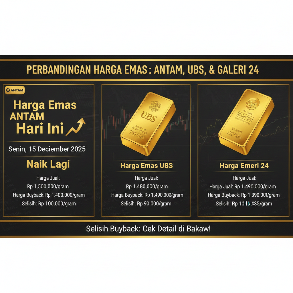 Harga Emas Antam Hari Ini Senin 15 Desember 2025 Naik Lagi, Bandingkan dengan UBS dan Galeri 24, Ini Selisih Buyback-nya