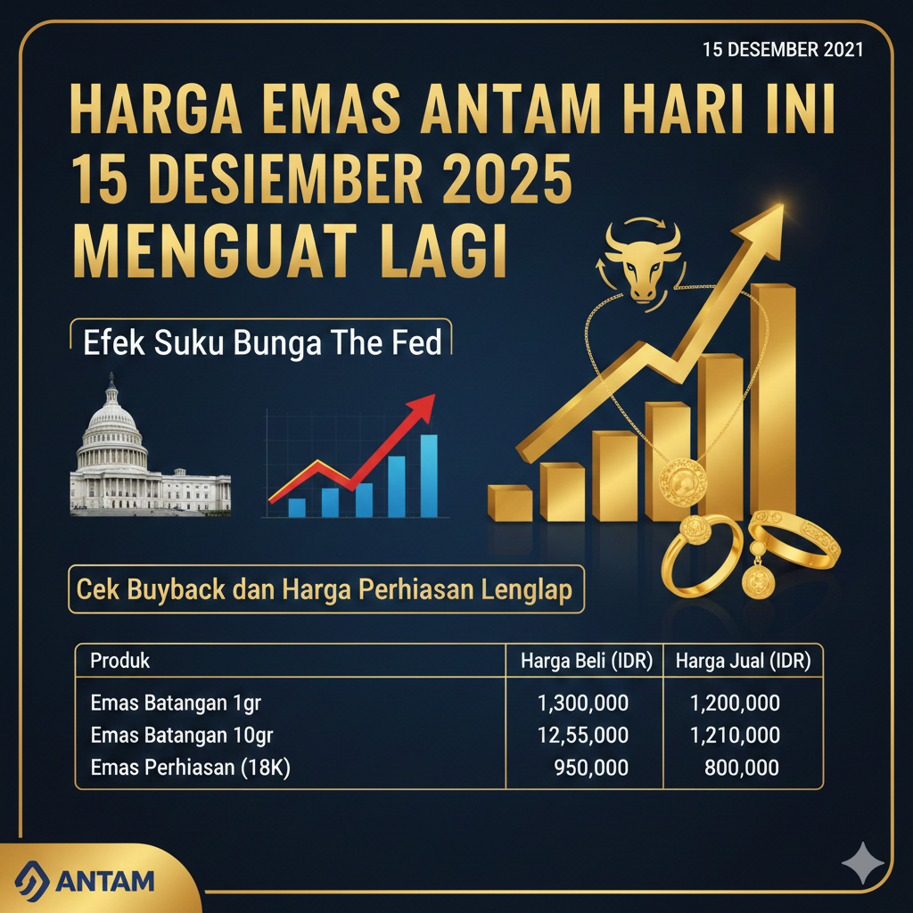 Harga Emas Antam Hari Ini 15 Desember 2025 Menguat Lagi, Efek Suku Bunga The Fed, Cek Buyback dan Harga Perhiasan Lengkap