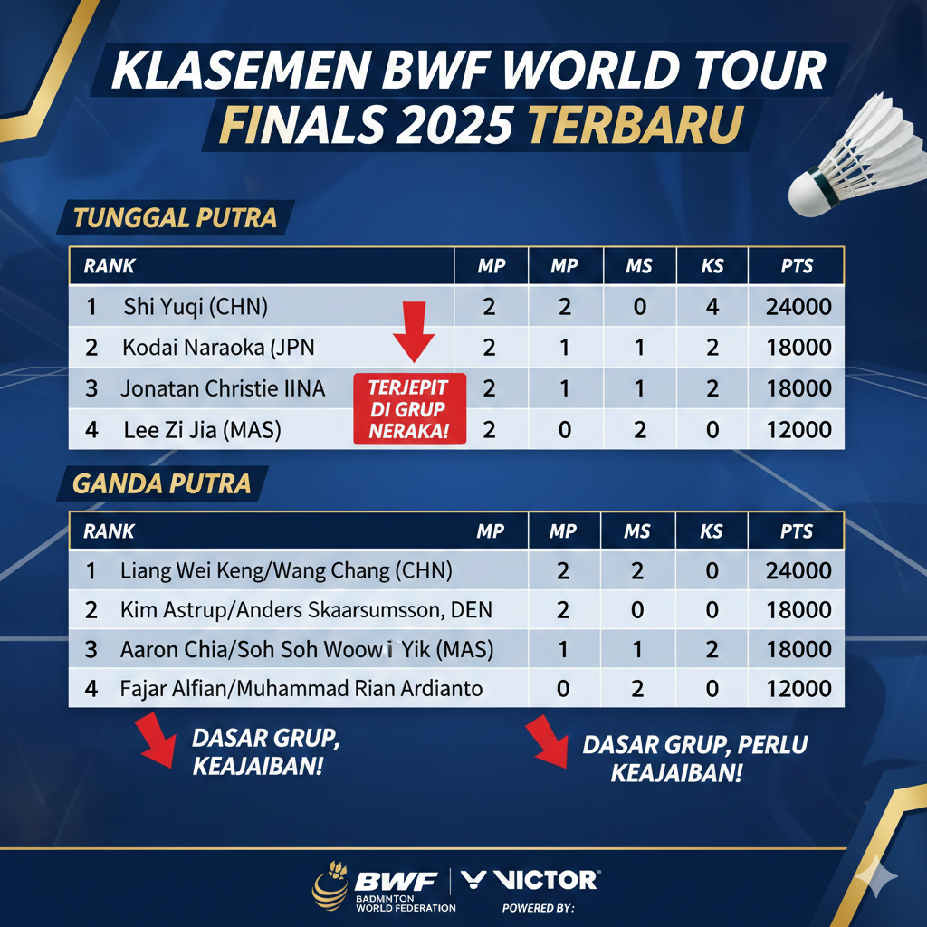Klasemen BWF World Tour Finals 2025 Terbaru: Jonatan Christie Terjepit, Fajar/Fikri di Dasar Grup
