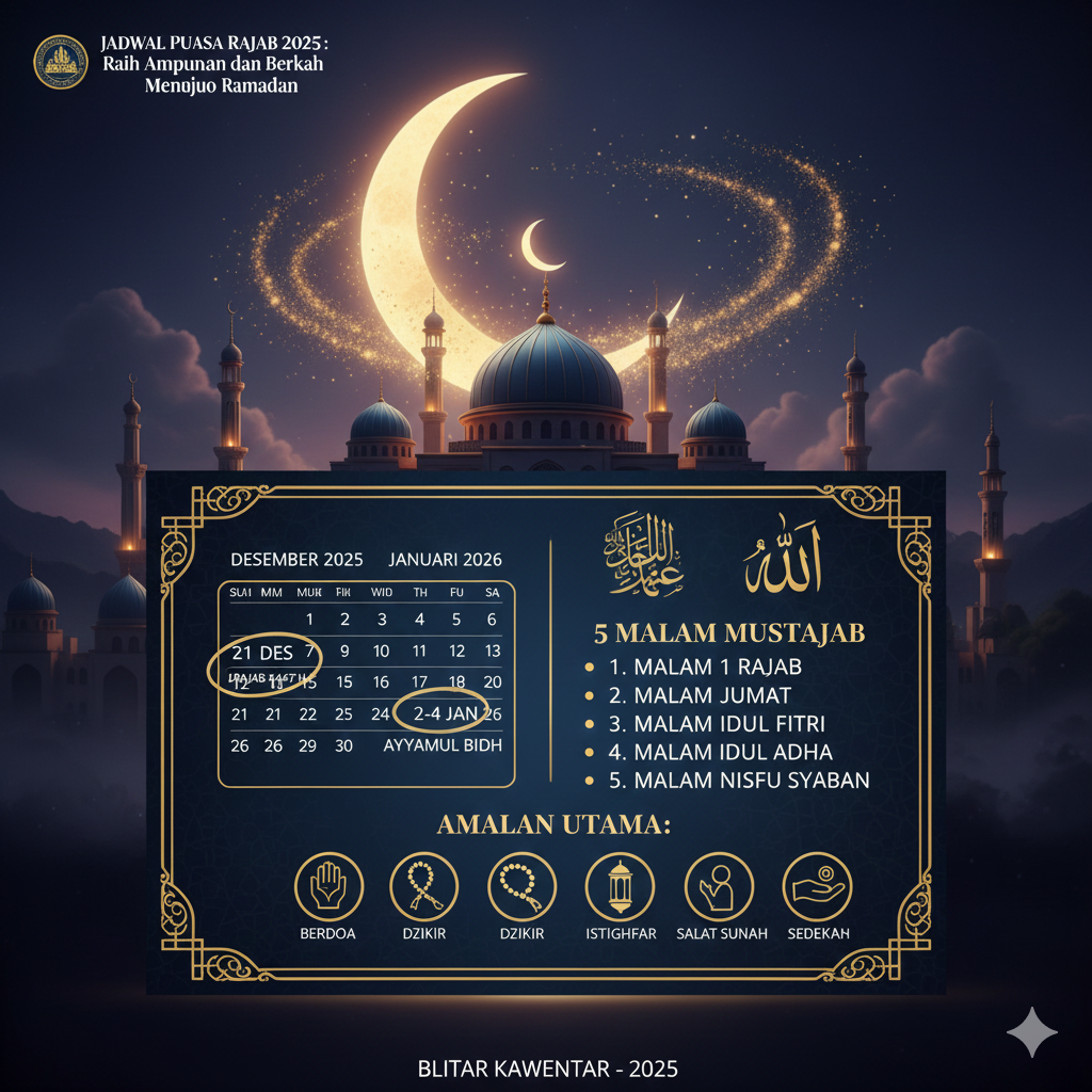 Cek Jadwal Puasa Rajab 2025 lengkap! Dimulai Minggu 21 Desember 2025. Simak niat, fadhilah Sungai Rajab, dan pola puasa 10 hari.